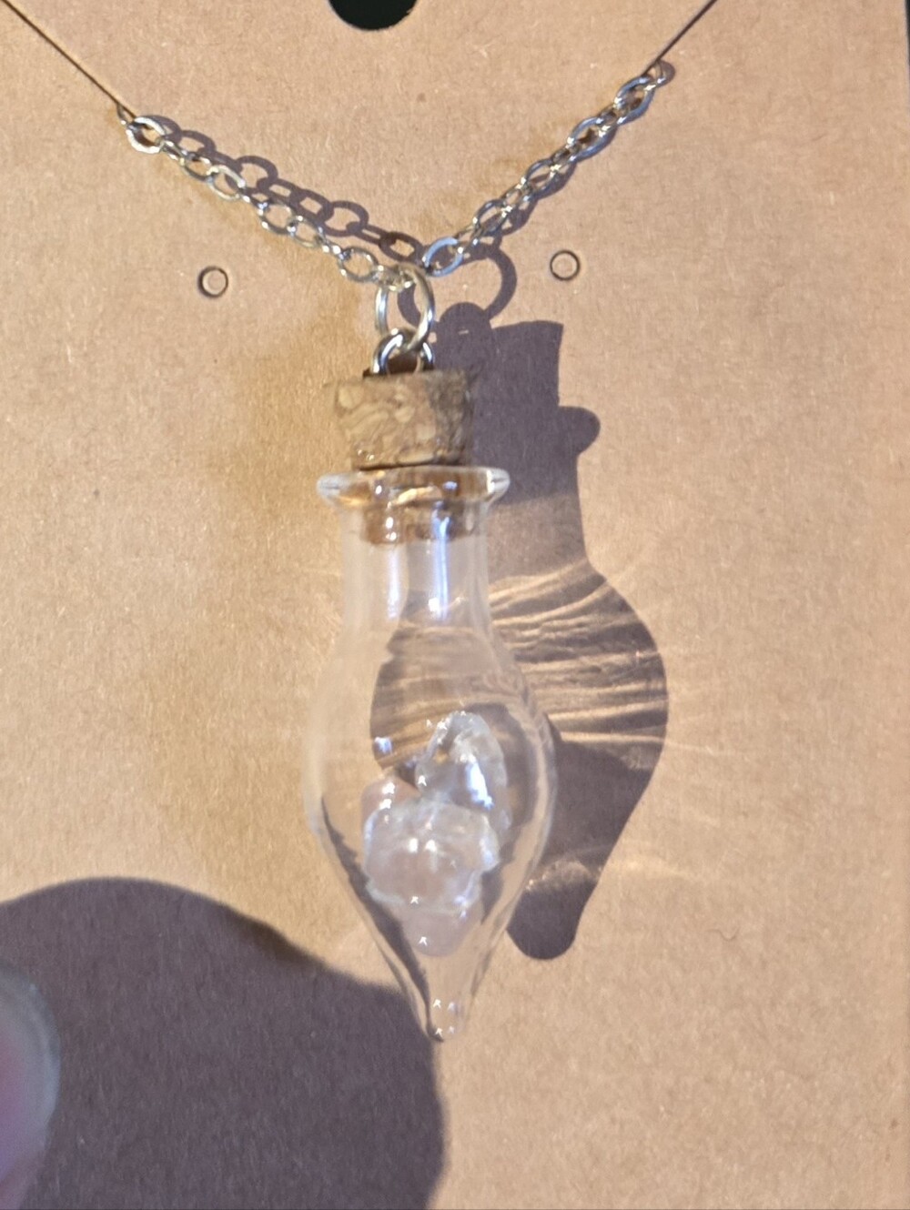 Hand Crafted Fairey Vial With Rose Quartz And Crystal, On Stainless Steel Chain